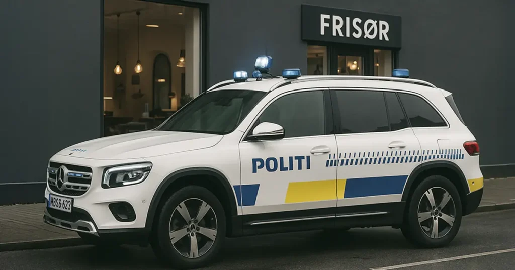 سيارة شرطة دنماركية أمام صالون حلاقة في كوبنهاجن – ترمز لقضية تبييض أموال